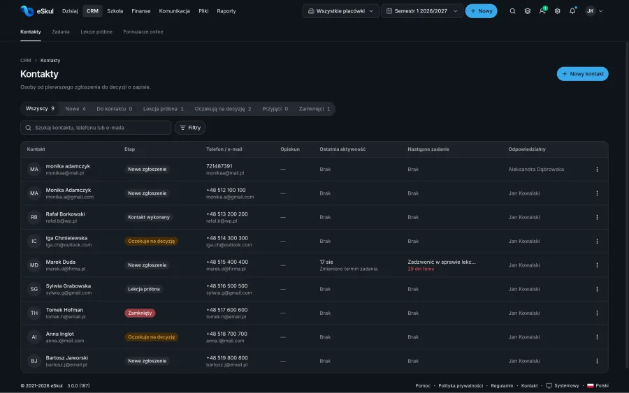 CRM eSkul — kontakty i statusy zgłoszeń
